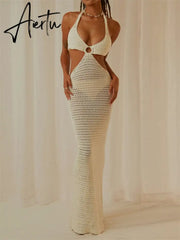 Women Summer Long Beach Dress Party Vacation Hollow Out Sleeveless Deep V Halter Neck Knit Crochet Dress Backless Dress Aiertu