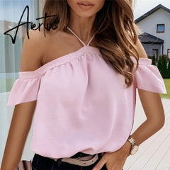 Women Summer Off Shoulder Halter Blouse Shirts Sexy Backless Solid Color Tops Ladies Elegant Short Sleeve Shirt Blusas 2XL Aiertu