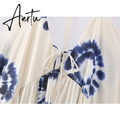 Women Summer Printed Halter Backless Dress Elegant Deep Neck Camisole Loose Long Dresses New Female Casual Beach Aiertu