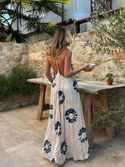Women Summer Printed Halter Backless Dress Elegant Deep Neck Camisole Loose Long Dresses New Female Casual Beach Aiertu