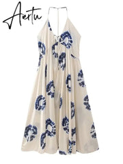 Women Summer Printed Halter Backless Dress Elegant Deep Neck Camisole Loose Long Dresses New Female Casual Beach Aiertu