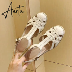 Women Summer Sandals Low Heel Platform Sandals Female Shoes Sewing Buckle Comfortable Casual Hollow Out Women's Plus Size Aiertu