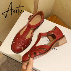 Women Summer Sandals Low Heel Platform Sandals Female Shoes Sewing Buckle Comfortable Casual Hollow Out Women's Plus Size Aiertu