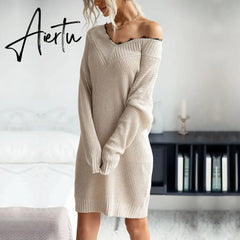 Women Sweater Dress, Female Knitted Tunics, Fall Women's Clothing, Long Sleeve Winter Dresses. Aiertu
