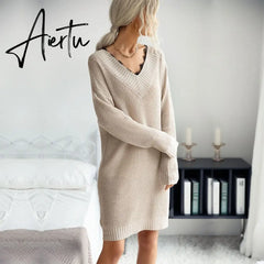 Women Sweater Dress, Female Knitted Tunics, Fall Women's Clothing, Long Sleeve Winter Dresses. Aiertu