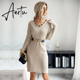 Women Sweater Dress, Female Knitted Tunics, Fall Women's Clothing, Long Sleeve Winter Dresses. Aiertu