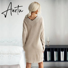 Women Sweater Dress, Female Knitted Tunics, Fall Women's Clothing, Long Sleeve Winter Dresses. Aiertu