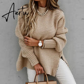 Women Sweaters Autumn Winter Mock Neck Batwing Sleeve Coarse Kint Pullovers Tops Female Casual O-Neck Side Split Long Sweater Aiertu