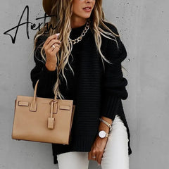 Women Sweaters Autumn Winter Mock Neck Batwing Sleeve Coarse Kint Pullovers Tops Female Casual O-Neck Side Split Long Sweater Aiertu