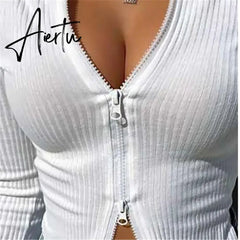 Women T-shirt Spring Autumn Clothes Ribbed Knitted Long Sleeve Crop Tops Zipper Design Tee Sexy Female Slim Black White Tops Aiertu