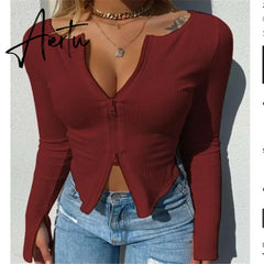 Women T-shirt Spring Autumn Clothes Ribbed Knitted Long Sleeve Crop Tops Zipper Design Tee Sexy Female Slim Black White Tops Aiertu