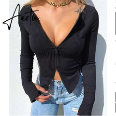 Women T-shirt Spring Autumn Clothes Ribbed Knitted Long Sleeve Crop Tops Zipper Design Tee Sexy Female Slim Black White Tops Aiertu