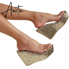 Women Transparent Clear Crystal Sequins Platform Wedge Thick Sole Sandals High Heels Mules Slides Summer Beach Shoes Aiertu