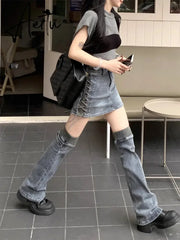 Women Two-piece Skirt Set High Waist Bandage Denim Skirt with Leg Warmers Cyberpunk Y2k Vintage Music Festival Outfits Aiertu