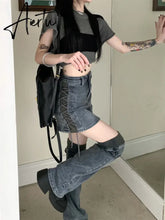 Women Two-piece Skirt Set High Waist Bandage Denim Skirt with Leg Warmers Cyberpunk Y2k Vintage Music Festival Outfits Aiertu