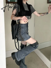 Women Two-piece Skirt Set High Waist Bandage Denim Skirt with Leg Warmers Cyberpunk Y2k Vintage Music Festival Outfits Aiertu