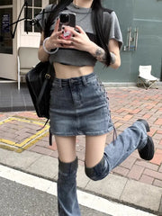 Women Two-piece Skirt Set High Waist Bandage Denim Skirt with Leg Warmers Cyberpunk Y2k Vintage Music Festival Outfits Aiertu