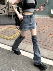 Women Two-piece Skirt Set High Waist Bandage Denim Skirt with Leg Warmers Cyberpunk Y2k Vintage Music Festival Outfits Aiertu