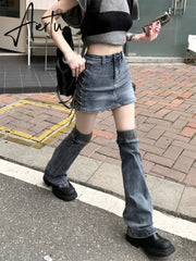 Women Two-piece Skirt Set High Waist Bandage Denim Skirt with Leg Warmers Cyberpunk Y2k Vintage Music Festival Outfits Aiertu