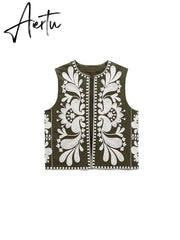 Women Vintage Floral Embroidery Printed Unisex Vest Round Collar Sleeveless Cropped Coats Summer Elegant Cotton Linen Tops Aiertu