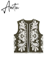 Women Vintage Floral Embroidery Printed Unisex Vest Round Collar Sleeveless Cropped Coats Summer Elegant Cotton Linen Tops Aiertu