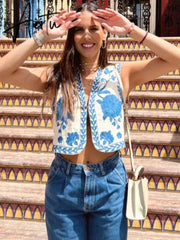 Women Vintage Floral Embroidery Printed Unisex Vest Round Collar Sleeveless Cropped Coats Summer Elegant Cotton Linen Tops Aiertu