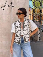 Women Vintage Floral Embroidery Printed Unisex Vest Round Collar Sleeveless Cropped Coats Summer Elegant Cotton Linen Tops Aiertu