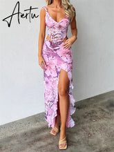 Women Vintage Floral Two Piece Skirt Set Sleeveless V Neck Corset Crop Top + Split Long Skirts Party Sexy Y2K Fairycore 2Pcs Set Aiertu