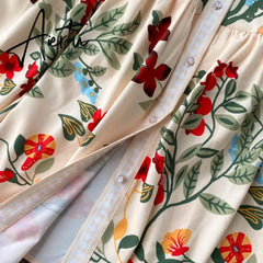 Women Vintage Print Dress Autumn Stand Collar Button Puff Sleeve Long Robe Fashion Chic Flower Streetwear Maxi Dresses Aiertu
