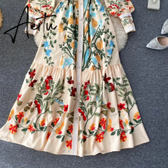 Women Vintage Print Dress Autumn Stand Collar Button Puff Sleeve Long Robe Fashion Chic Flower Streetwear Maxi Dresses Aiertu