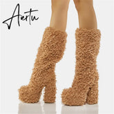 Women Warm Fur Boots Winter Plush Faux Fur Snow Boots Fashion New Soft Curly Plush Platform Shoes Thick High-Heeled Round Toe Aiertu