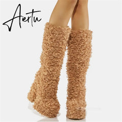 Women Warm Fur Boots Winter Plush Faux Fur Snow Boots Fashion New Soft Curly Plush Platform Shoes Thick High-Heeled Round Toe Aiertu