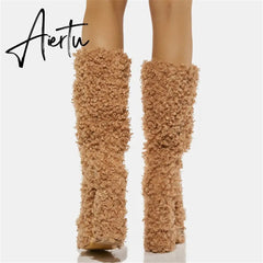 Women Warm Fur Boots Winter Plush Faux Fur Snow Boots Fashion New Soft Curly Plush Platform Shoes Thick High-Heeled Round Toe Aiertu