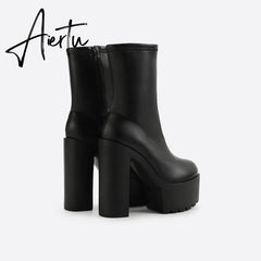 Women Waterproof Platform Side Zipper Thick Heel Boots mysite