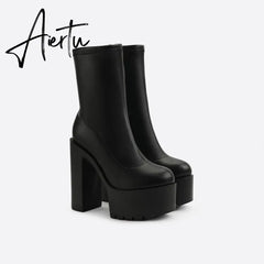Women Waterproof Platform Side Zipper Thick Heel Boots mysite