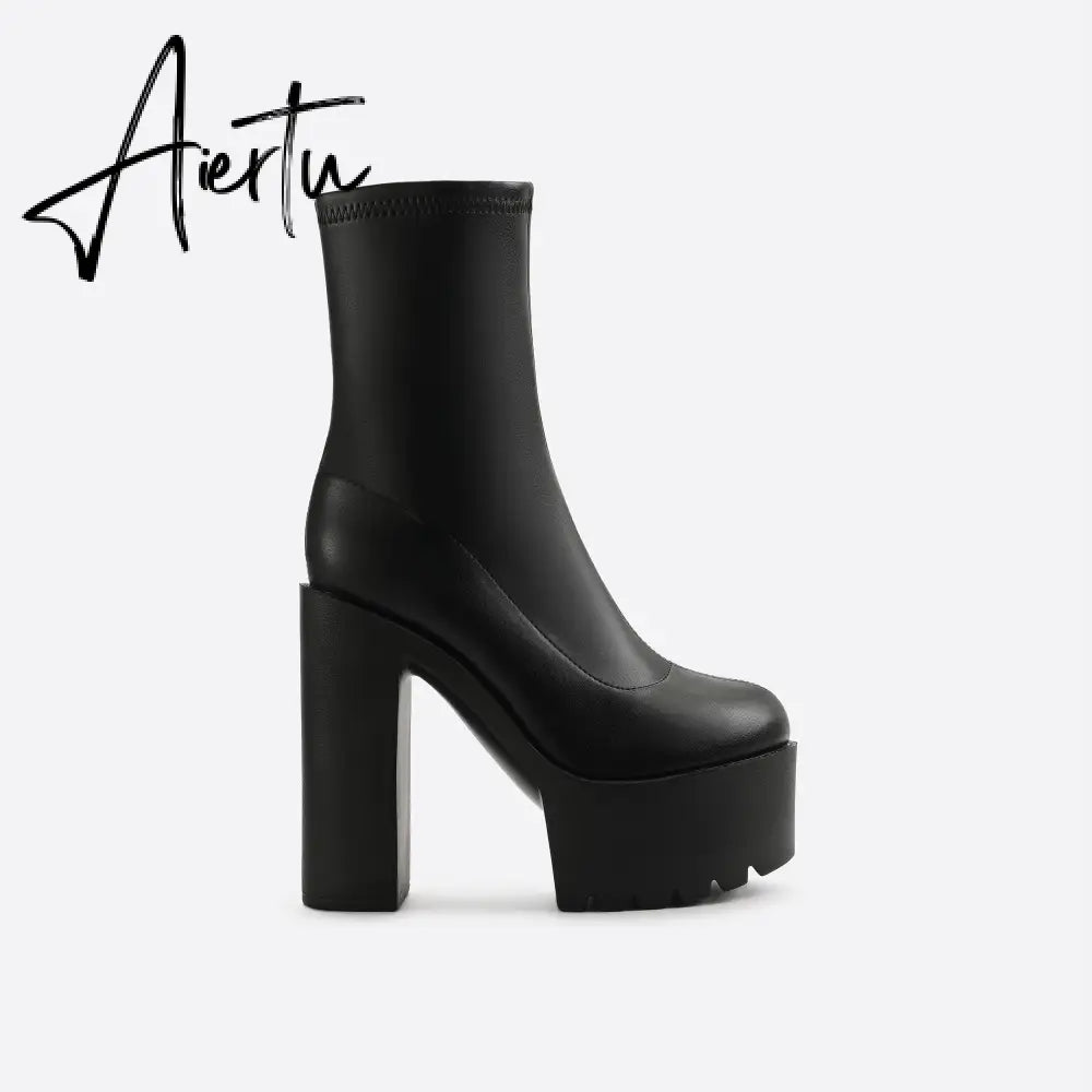 Women Waterproof Platform Side Zipper Thick Heel Boots mysite