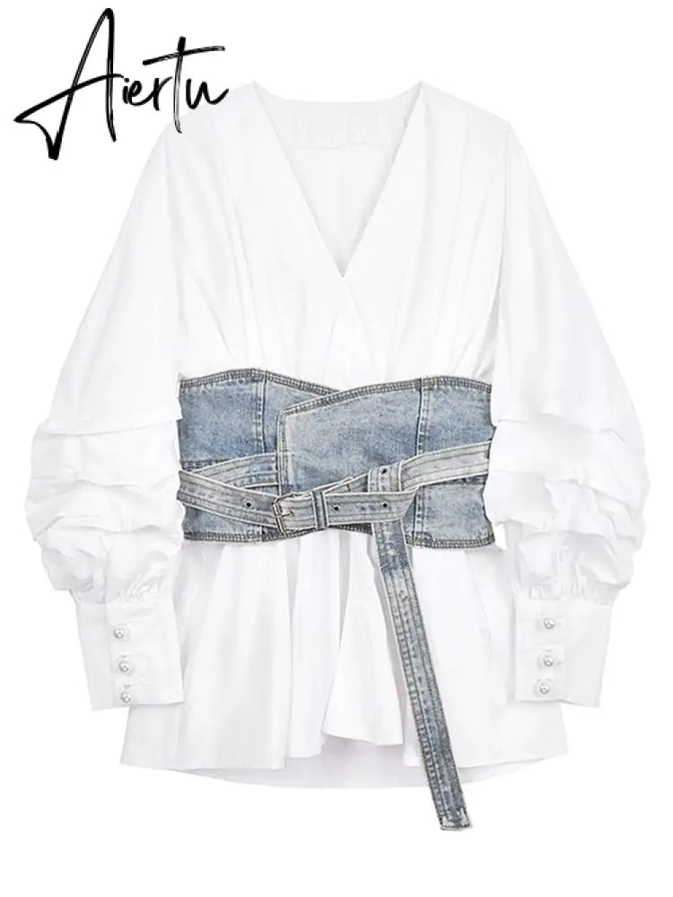 Women White Denim Split Temperament Blouse New Lapel Long Lantern Sleeve Loose Fit Shirt Fashion Spring Autumn 1Z942 Aiertu