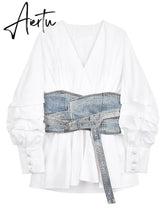 Women White Denim Split Temperament Blouse New Lapel Long Lantern Sleeve Loose Fit Shirt Fashion Spring Autumn 1Z942 Aiertu