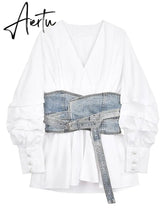 Women White Denim Split Temperament Blouse New Lapel Long Lantern Sleeve Loose Fit Shirt Fashion Spring Autumn 1Z942 Aiertu