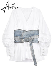 Women White Denim Split Temperament Blouse New Lapel Long Lantern Sleeve Loose Fit Shirt Fashion Spring Autumn 1Z942 Aiertu