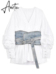 Women White Denim Split Temperament Blouse New Lapel Long Lantern Sleeve Loose Fit Shirt Fashion Spring Autumn 1Z942 Aiertu