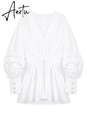 Women White Denim Split Temperament Blouse New Lapel Long Lantern Sleeve Loose Fit Shirt Fashion Spring Autumn 1Z942 Aiertu