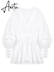 Women White Denim Split Temperament Blouse New Lapel Long Lantern Sleeve Loose Fit Shirt Fashion Spring Autumn 1Z942 Aiertu