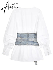 Women White Denim Split Temperament Blouse New Lapel Long Lantern Sleeve Loose Fit Shirt Fashion Spring Autumn 1Z942 Aiertu