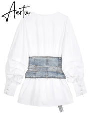 Women White Denim Split Temperament Blouse New Lapel Long Lantern Sleeve Loose Fit Shirt Fashion Spring Autumn 1Z942 Aiertu