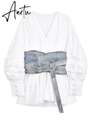 Women White Denim Split Temperament Blouse New Lapel Long Lantern Sleeve Loose Fit Shirt Fashion Spring Autumn 1Z942 Aiertu