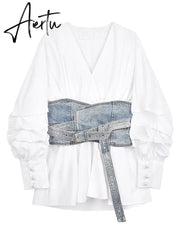 Women White Denim Split Temperament Blouse New Lapel Long Lantern Sleeve Loose Fit Shirt Fashion Spring Autumn 1Z942 Aiertu