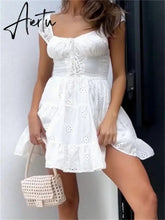 Women White Lace A-line Dress Solid Color Short Sleeve Square Neck Bandage Ruffle Dress Summer Fairycore Y2K Bohemian Dresses Aiertu