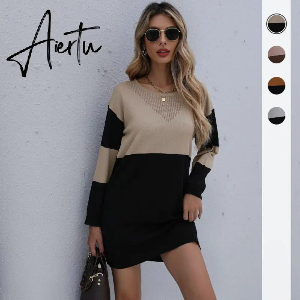 Women Winter Sweater Dresses, Women's Autumn Knitted Patchwork Pullovers Tunic Mini Dress. Aiertu