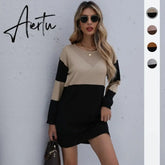Women Winter Sweater Dresses, Women's Autumn Knitted Patchwork Pullovers Tunic Mini Dress. Aiertu